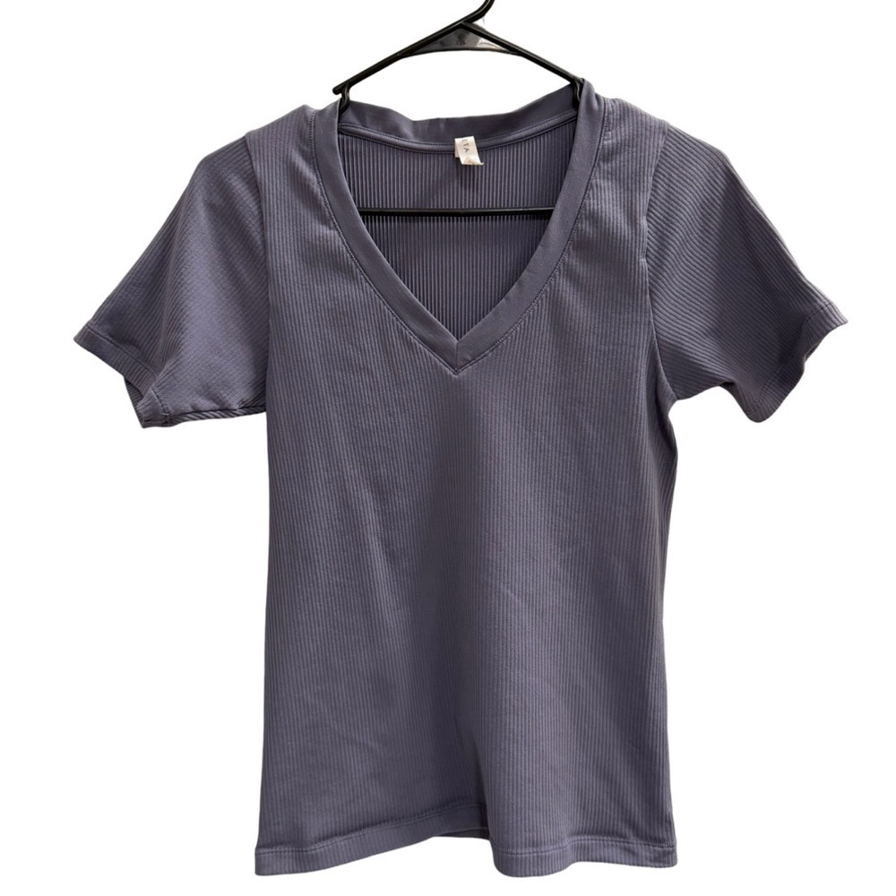 ATHLETA Renew Seamless V-Neck Tee Ribbed Blue Size Small